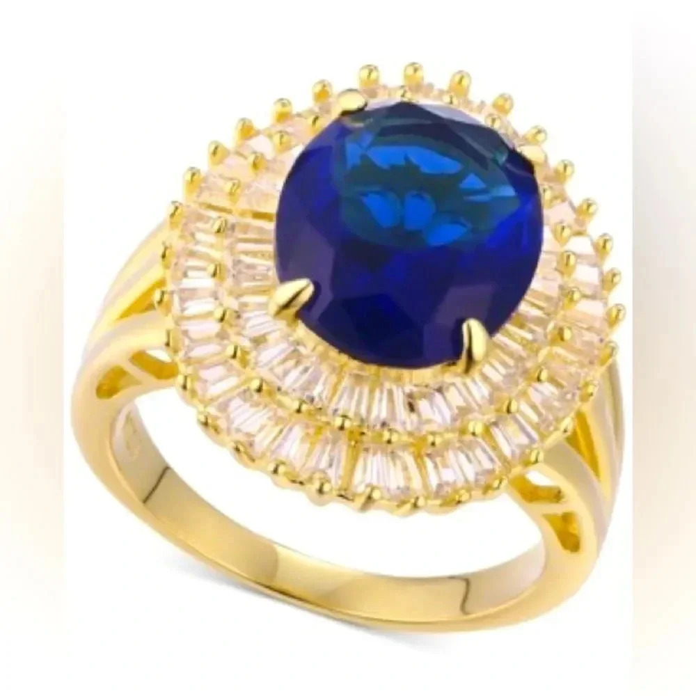 Sapphire & Cubic Zirconia Double Halo Ring in Gold In Sterling Silver, NWT - Picture 1 of 1
